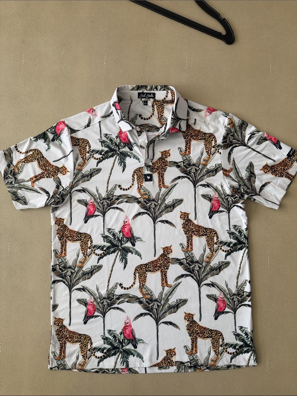 Men's L Bad Birdie White Tropical Cheetah Print Short Sleeve Collared Golf Shirt